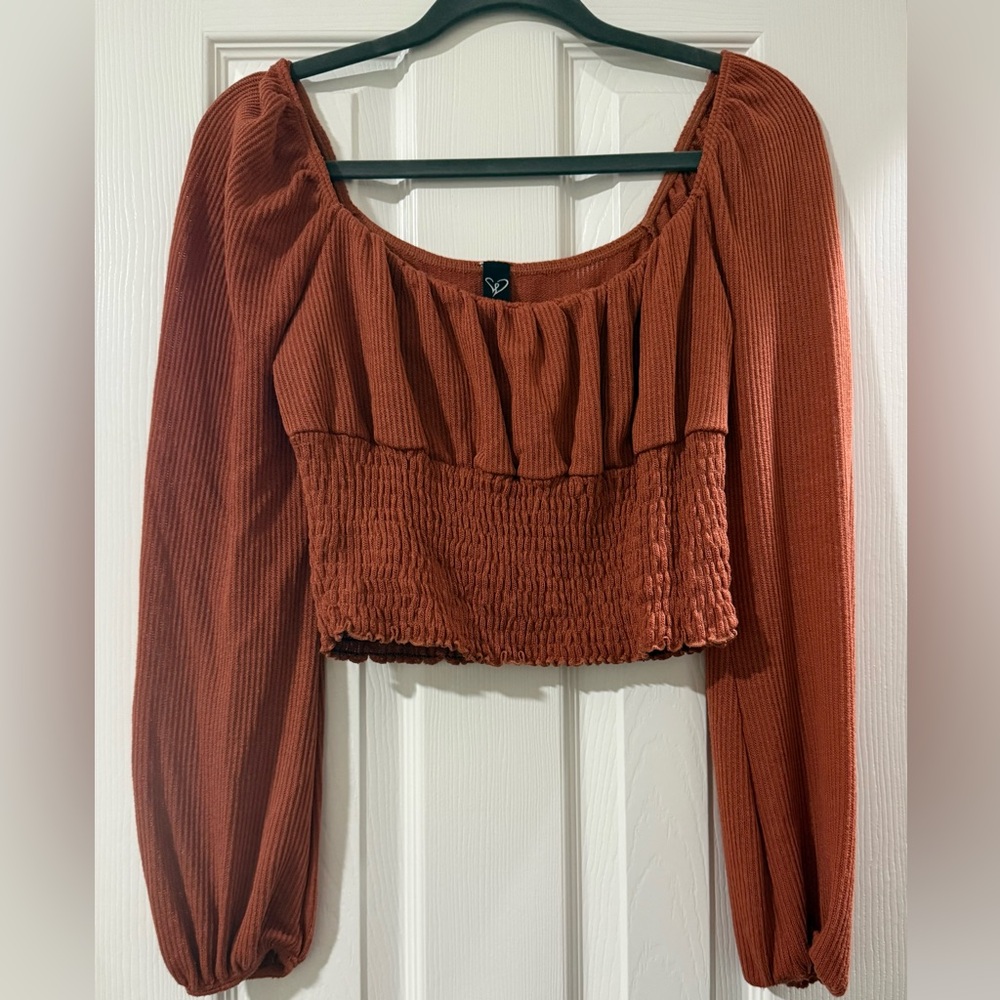 Rust Smocked Long-Sleeve Crop Top